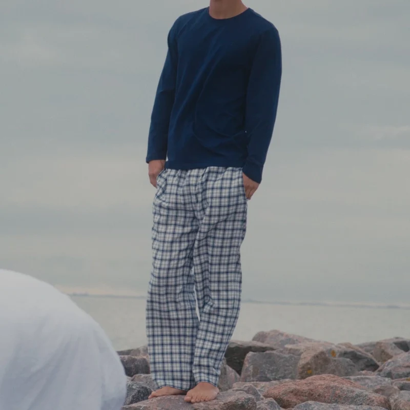 Flanell Schlafanzug Set Herren | Dunkelblau-Weiß kariert