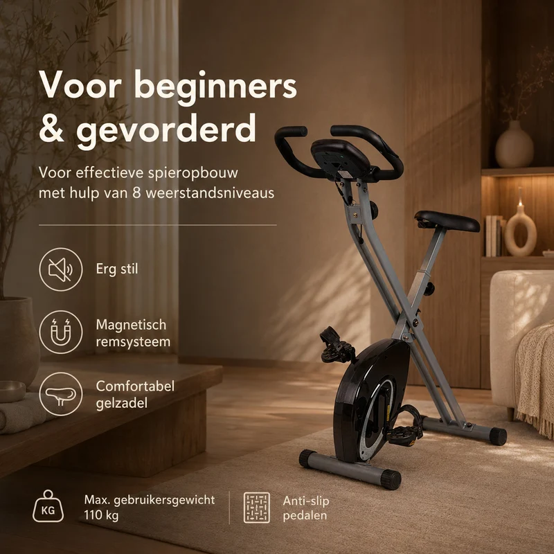 Ultrasport F-Bike Klappbarer Heimtrainer – 8 Widerstandsstufen – LCD-Display – Herzfrequenzmessung – Schwarz/Silber