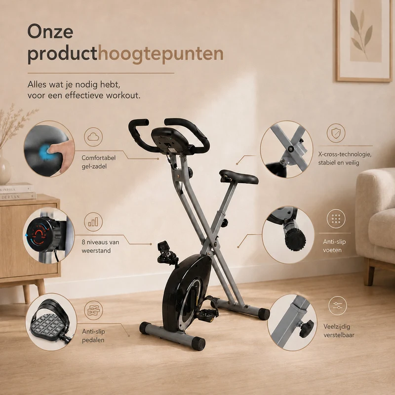 Ultrasport F-Bike Klappbarer Heimtrainer – 8 Widerstandsstufen – LCD-Display – Herzfrequenzmessung – Schwarz/Silber