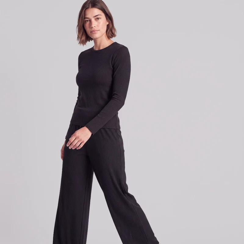 Loungehose Damen Rippstruktur | Schwarz