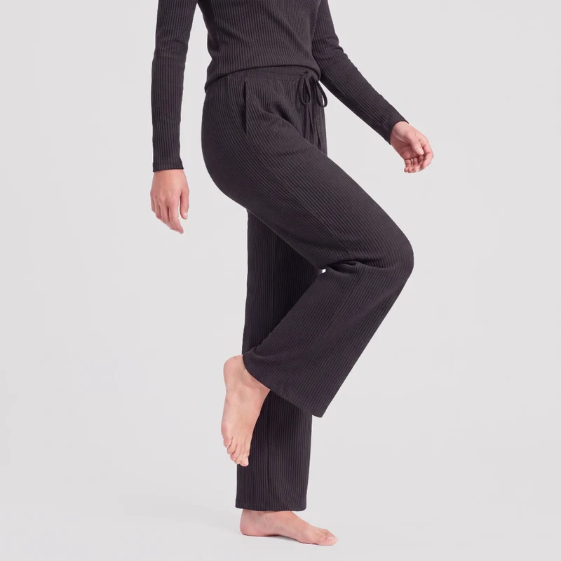 Loungehose Damen Rippstruktur | Schwarz