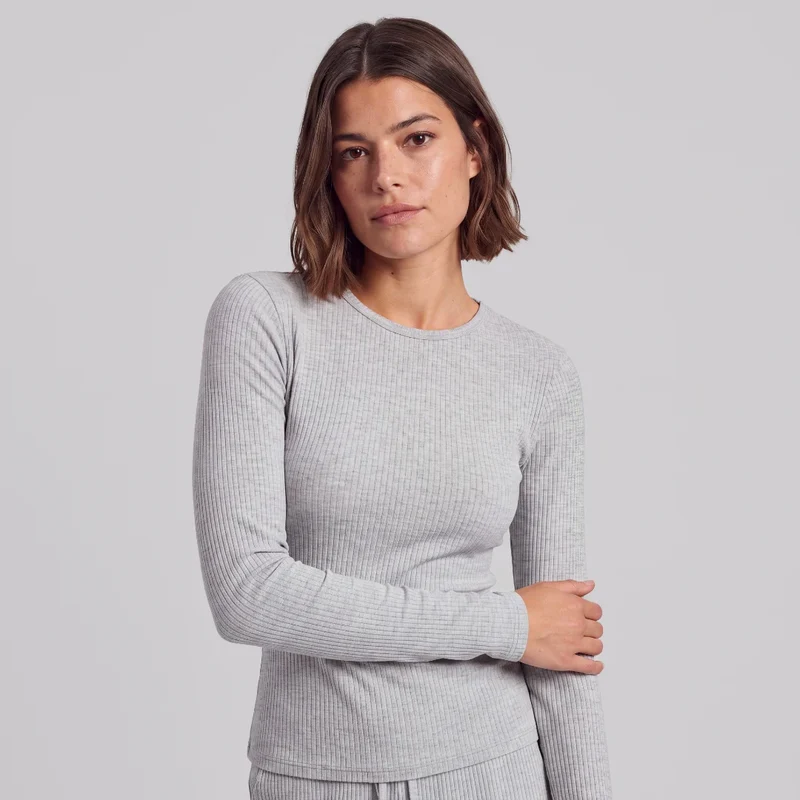 Langarmshirt Damen Rippstruktur | Hellgrau Meliert