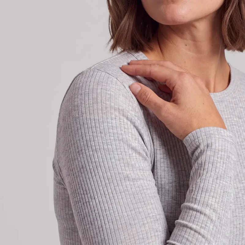 Langarmshirt Damen Rippstruktur | Hellgrau Meliert