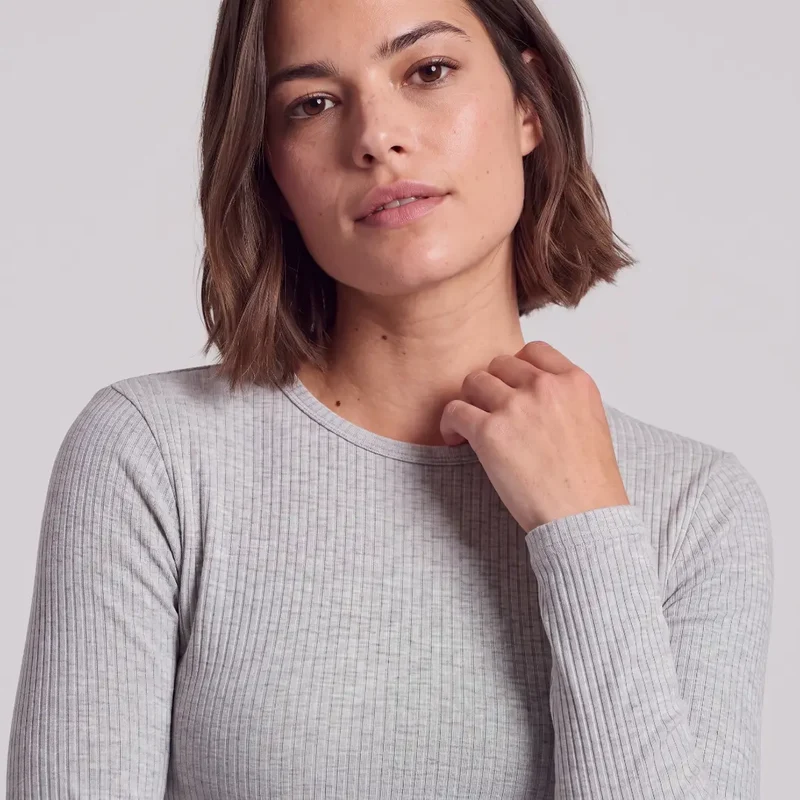 Langarmshirt Damen Rippstruktur | Hellgrau Meliert