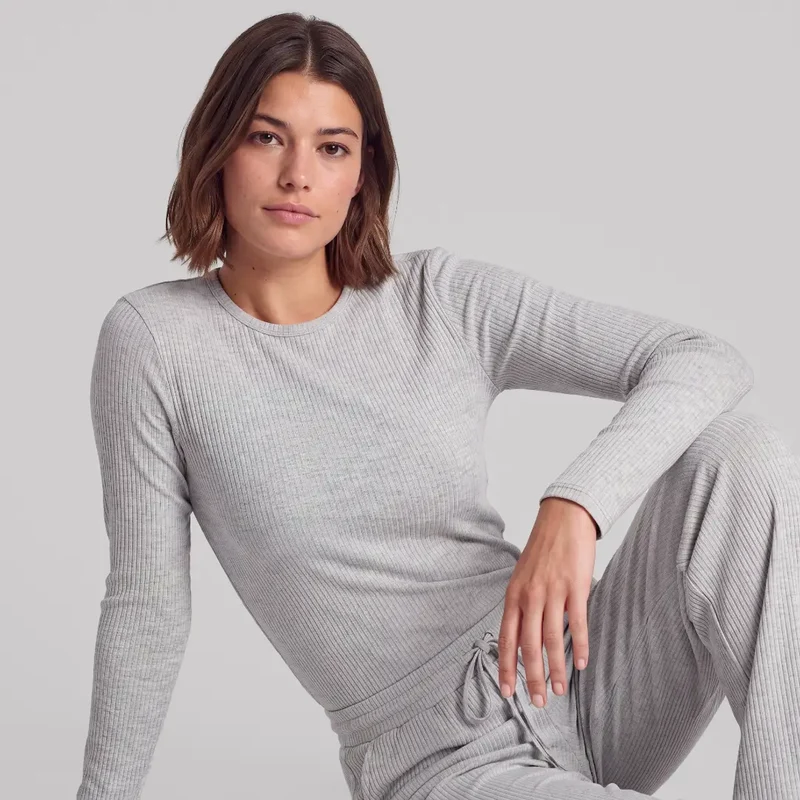 Langarmshirt Damen Rippstruktur | Hellgrau Meliert