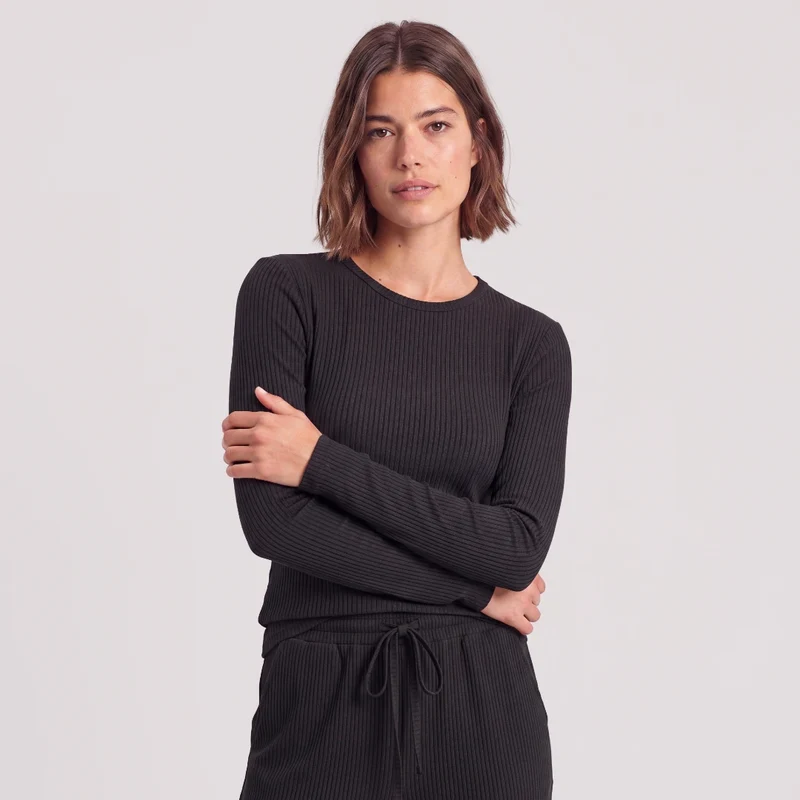 Langarmshirt Damen Rippstruktur | Schwarz