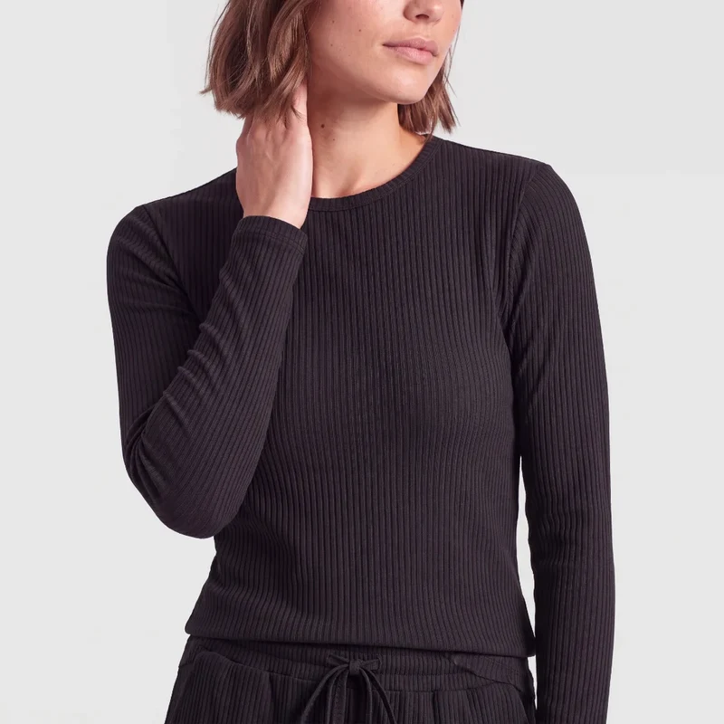 Langarmshirt Damen Rippstruktur | Schwarz