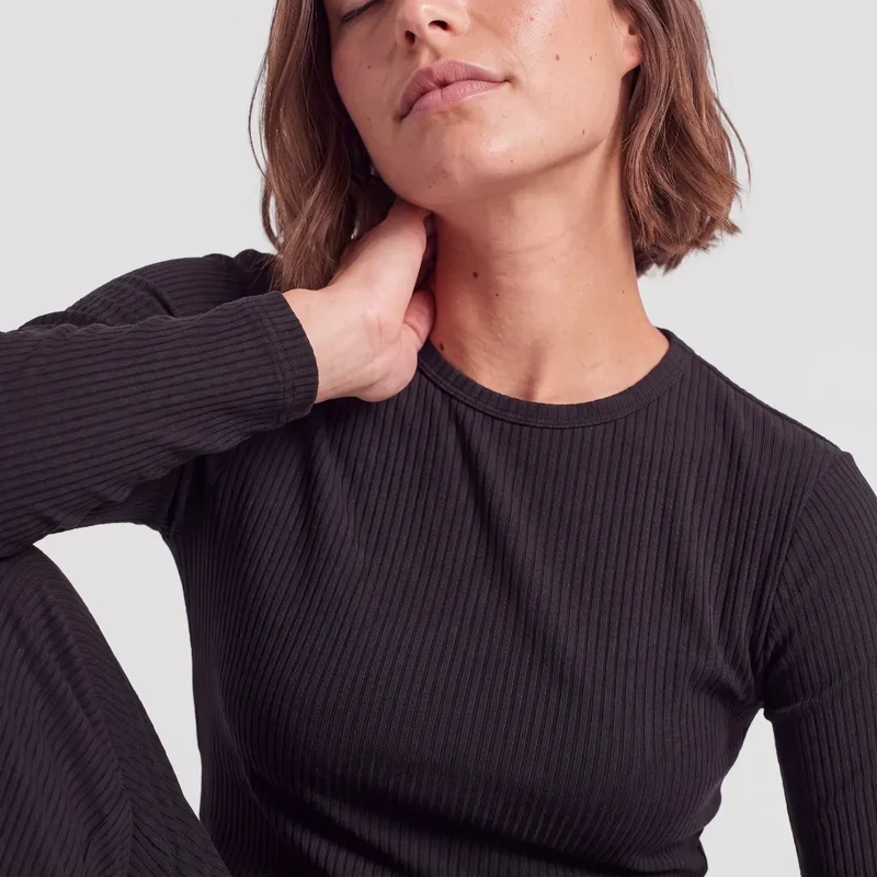 Langarmshirt Damen Rippstruktur | Schwarz