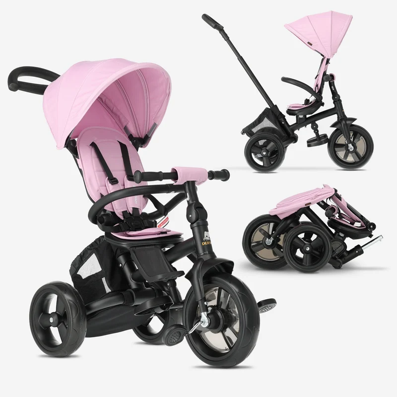 Explorer Luxe Dreirad mit Schiebestange – zusammenklappbar mit Korb, rosa