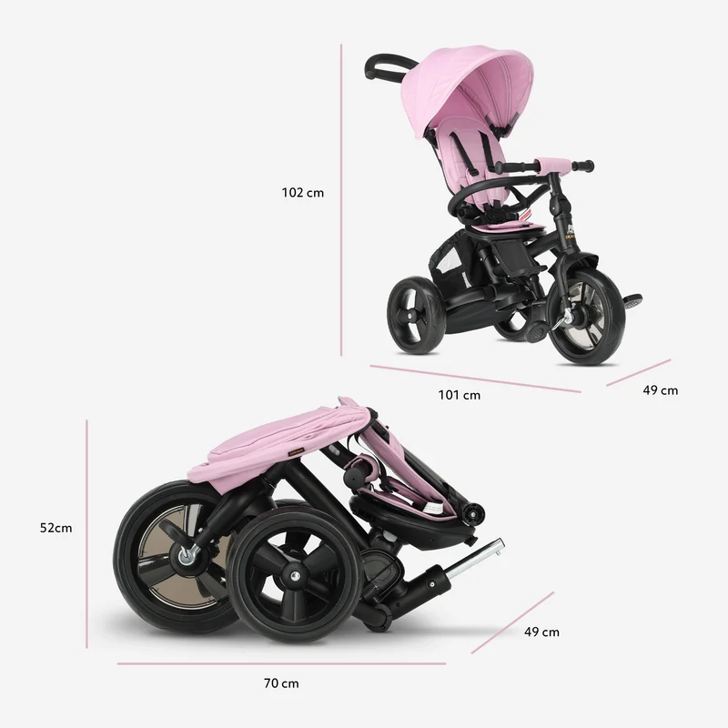 Explorer Luxe Dreirad mit Schiebestange – zusammenklappbar mit Korb, rosa