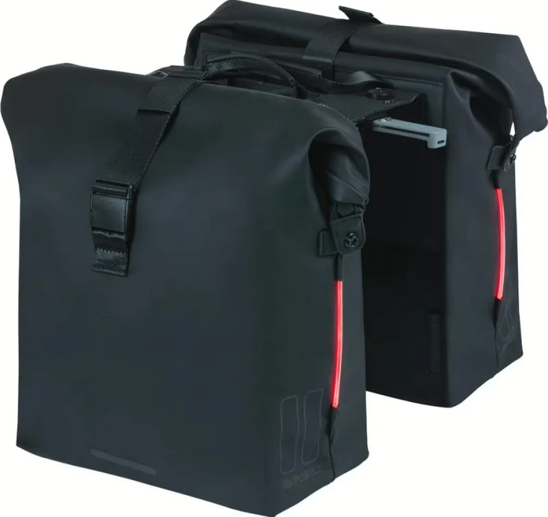 BASIL SoHo Nordlicht MIK 2.0 Doppeltasche - 41 Liter wasserdicht (IPX3) mit LED - Doppelpacktasche - MIK-Adapterplatte Rollverschluss & Druckknöpfen