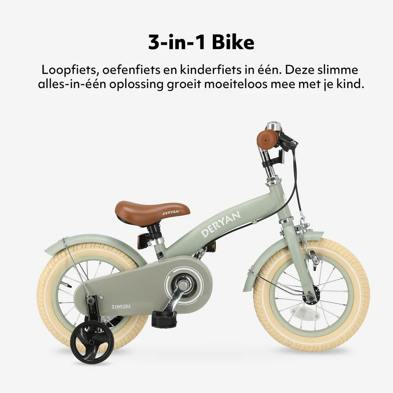 Luxus Kinderfahrrad 12 Zoll - 3 in 1 - Laufrad Grün