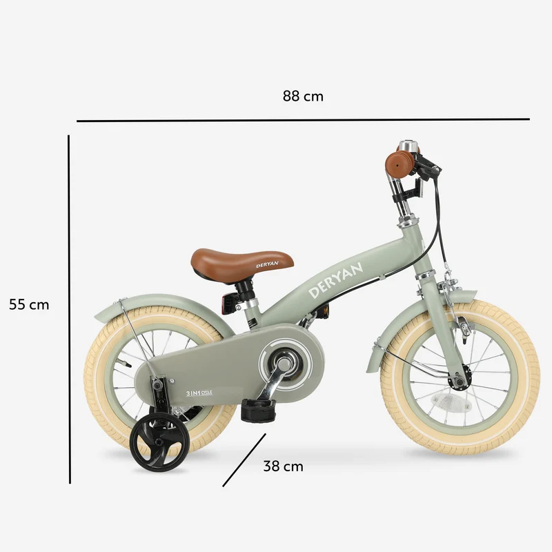 Luxus Kinderfahrrad 12 Zoll - 3 in 1 - Laufrad Grün