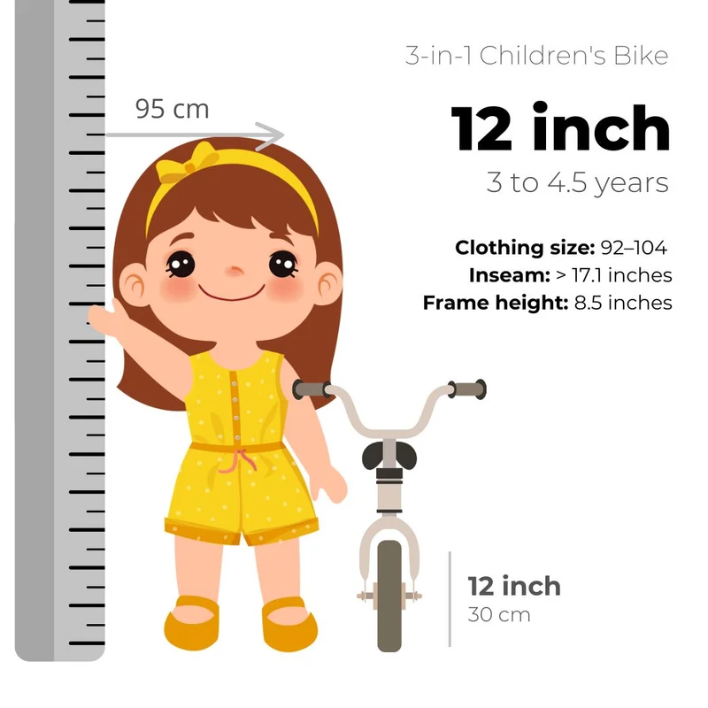 Luxus Kinderfahrrad 12 Zoll - 3 in 1 - Laufrad Schwarz