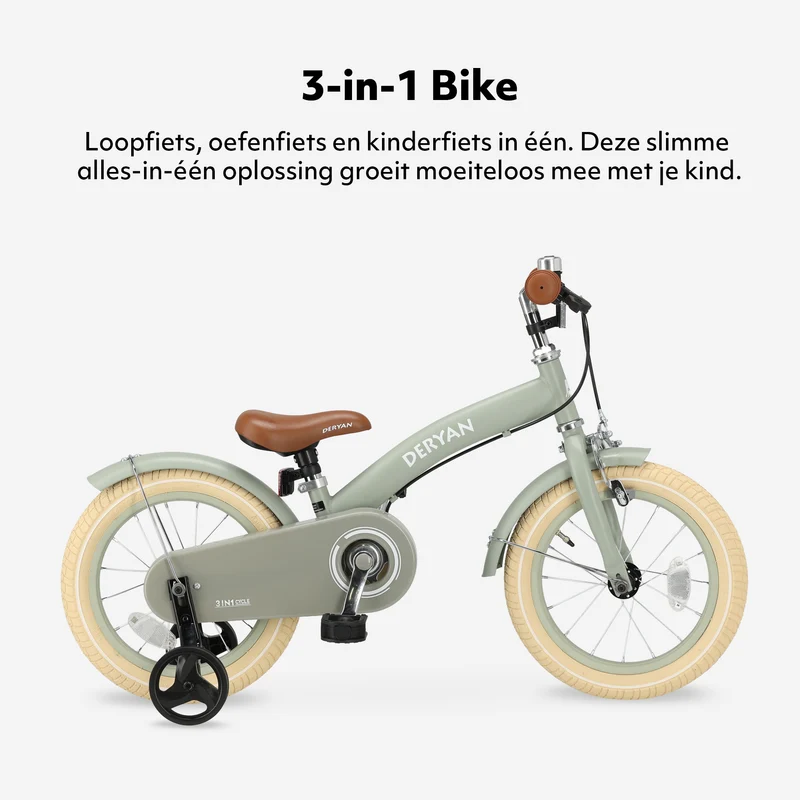 Luxus Kinderfahrrad 14 Zoll - 3 in 1 - Laufrad Grün
