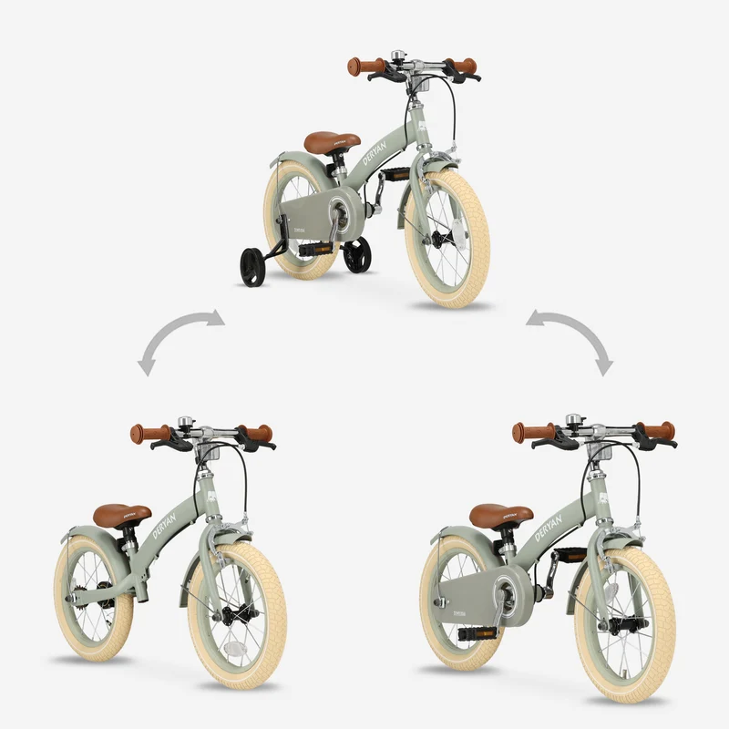 Luxus Kinderfahrrad 14 Zoll - 3 in 1 - Laufrad Grün