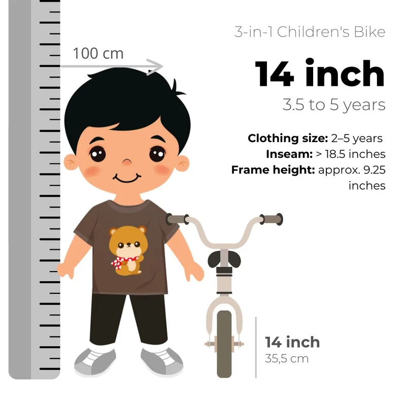 Luxus Kinderfahrrad 14 Zoll - 3 in 1 - Laufrad Schwarz