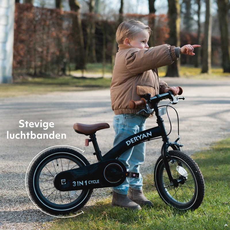 Luxus Kinderfahrrad 12 Zoll - 3 in 1 - Laufrad Schwarz