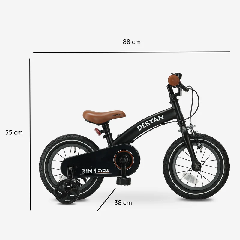 Luxus Kinderfahrrad 12 Zoll - 3 in 1 - Laufrad Schwarz