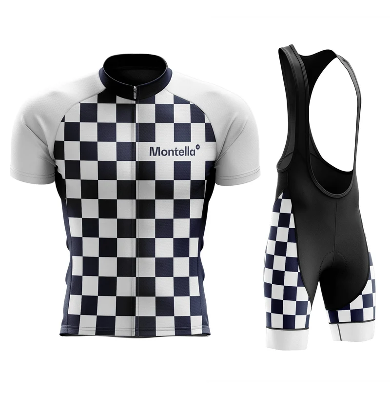 Men's White Blue Squares Cycling Jersey or Bibs