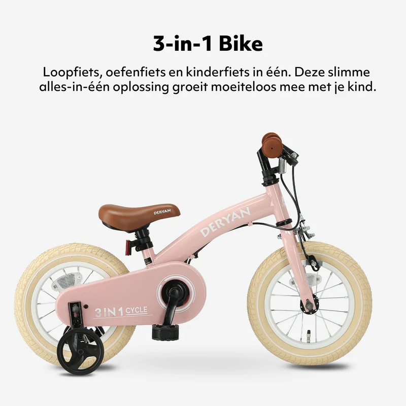 Luxus Kinderfahrrad 12 Zoll - 3 in 1 - Laufrad Rosa