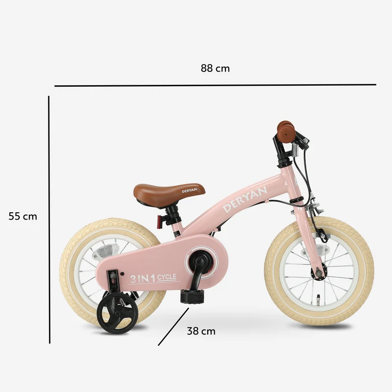 Luxus Kinderfahrrad 12 Zoll - 3 in 1 - Laufrad Rosa