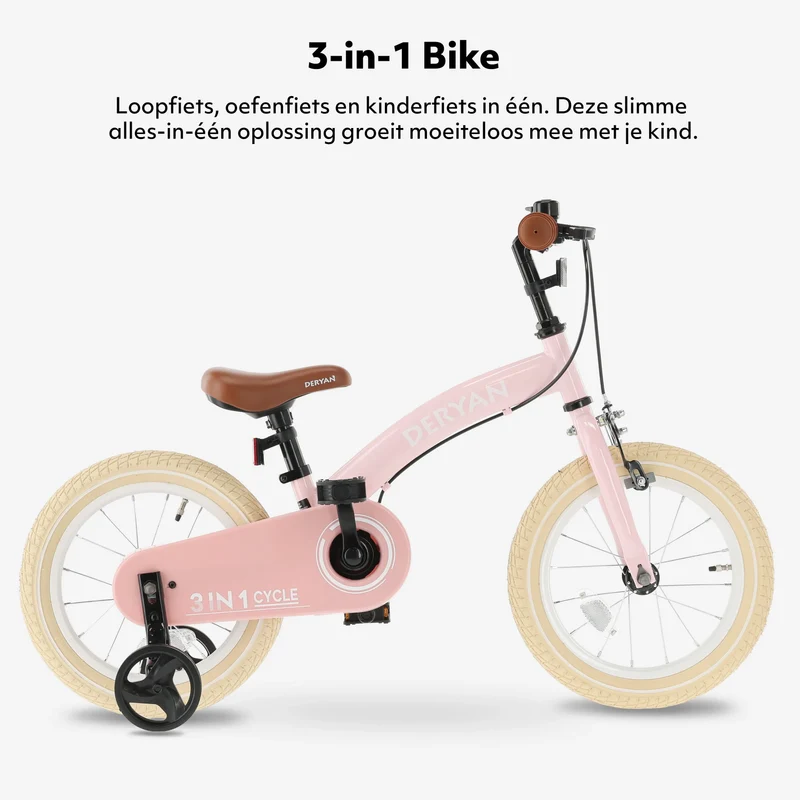 Luxus Kinderfahrrad 14 Zoll - 3 in 1 - Laufrad - Rosa