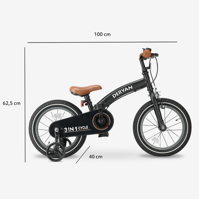 Luxus Kinderfahrrad 14 Zoll - 3 in 1 - Laufrad Schwarz