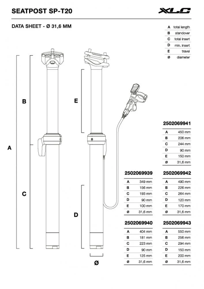 XLC SP-T20 Dropper Post Ø 31,6 mm, 450 mm Gesamtlänge, 150 mm Hub - externe Kabelführung, hydraulisch, Aluminium, inkl. SP-X23 Hebel