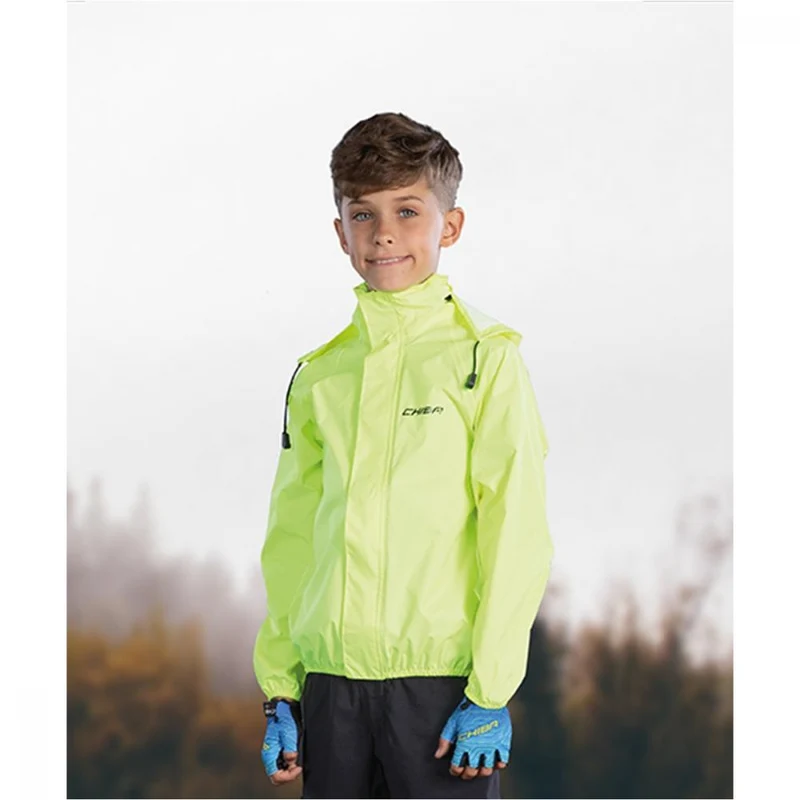 Chiba Regenjacke Rain Kids neongelb Größe M - wasserdichte und winddichte Kinder-Fahrradjacke, atmungsaktiv, mit reflektierenden Elementen für bessere Sichtbarkeit, leicht und kompakt verstaubar
