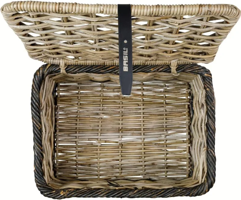 Basil Dijon S Vorderradkorb Rattan grau schwarz mit Deckel - handgeflochten, robust, Fahrradkorb vorne