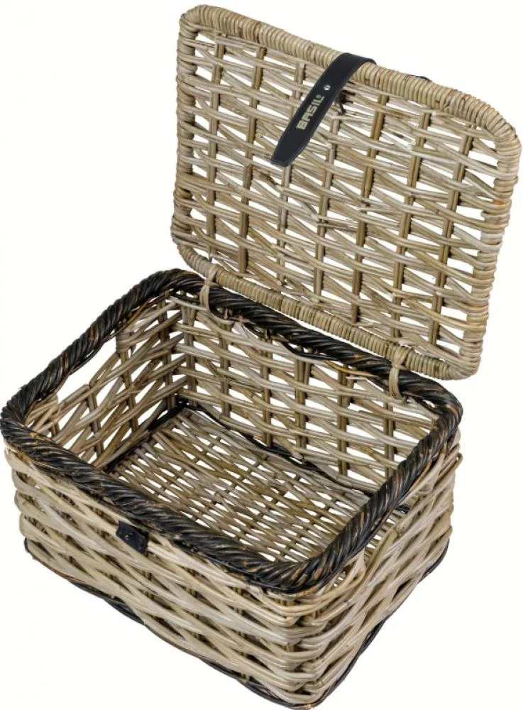 Basil Dijon S Vorderradkorb Rattan grau schwarz mit Deckel - handgeflochten, robust, Fahrradkorb vorne